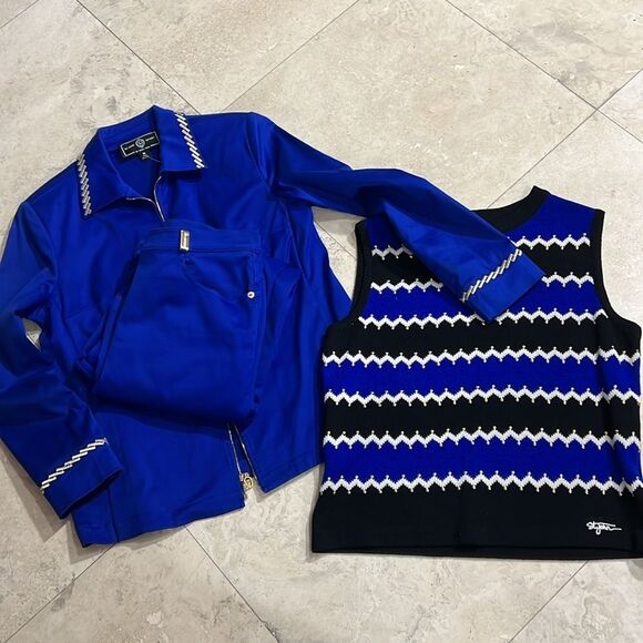 ST. JOHN SPORT Jacket Blazer Blue Gold Embroidered SUIT (Sweater Sold Separate) - Picture 2 of 7